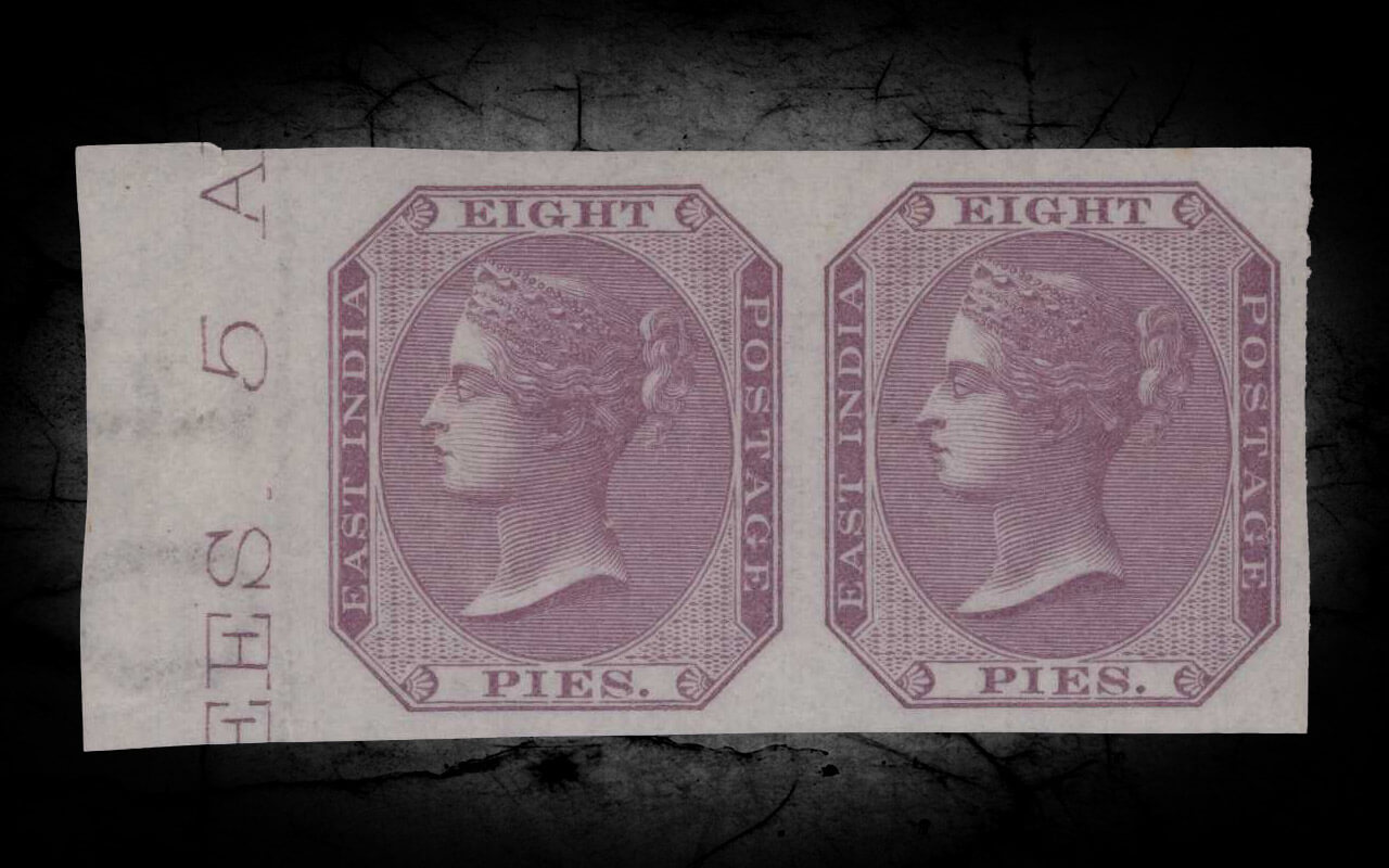 India Dlr Qv 1860 Sg52b 8p Purple Imperf Pair W Cert Um Cv 11 000 00 Buy Indian Stamps